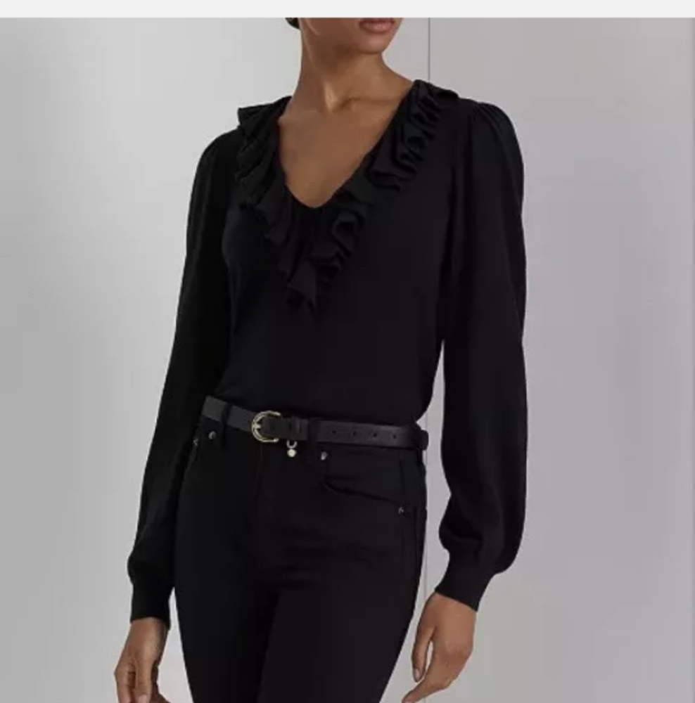 Lauren Ralph Lauren Black Ruffle V-Neck Scoop Sweater